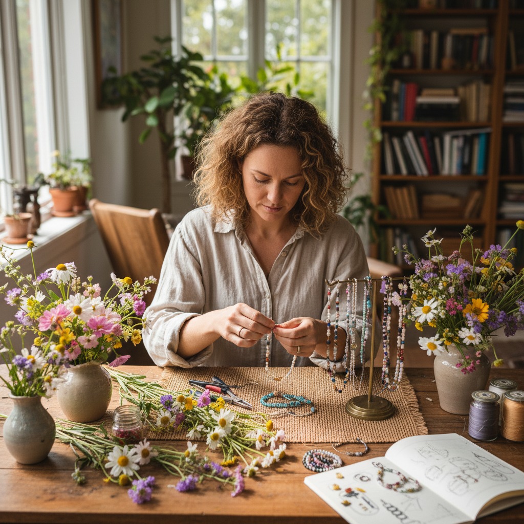 Mulher de cabelos cacheados sentada à mesa em um atelier claro, montando colares com miçangas entre vasos de flores silvestres e um caderno de esboços aberto.