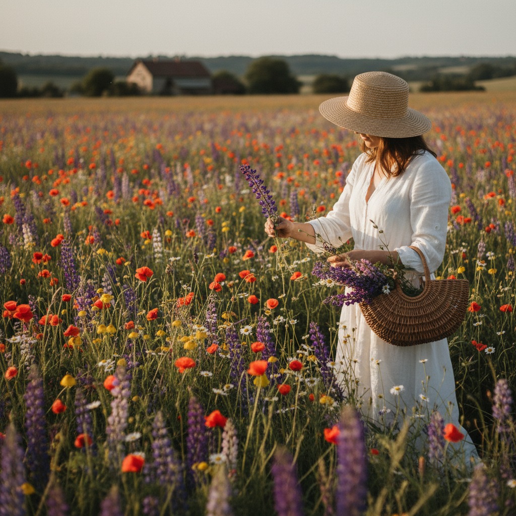 Uma mulher de vestido branco e chapéu de palha colhe flores em um campo cheio de papoulas vermelhas e flores silvestres roxas ao entardecer.