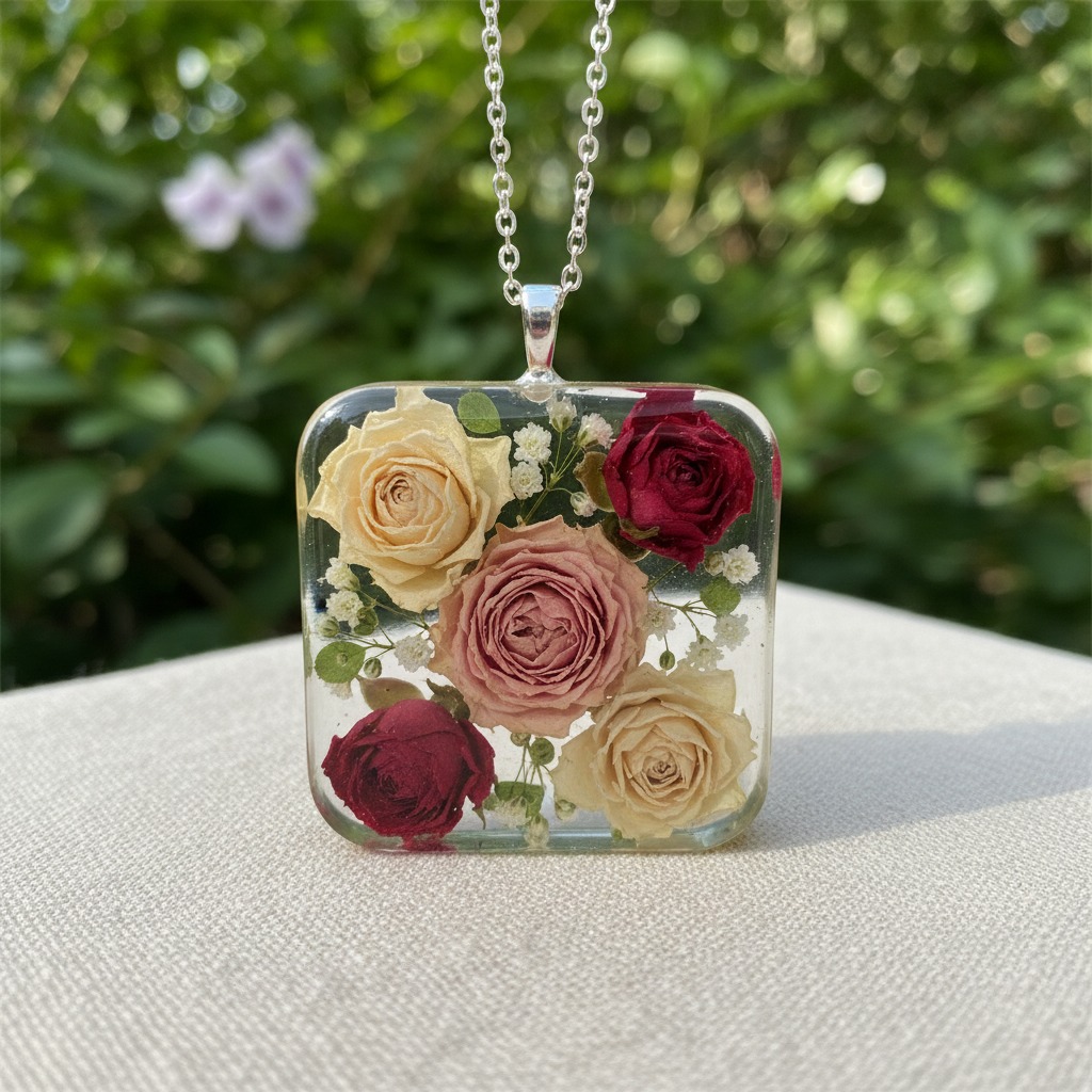Colar de prata com um pingente quadrado de resina transparente contendo rosas secas coloridas e flores brancas pequenas.
