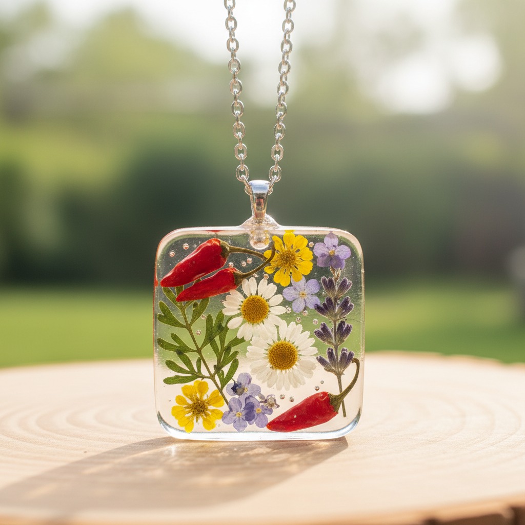 Colar com pingente quadrado de resina transparente contendo flores silvestres secas e pimentas vermelhas.