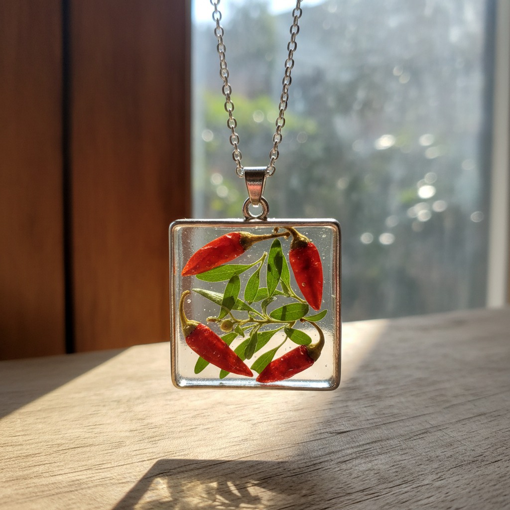 Um colar com pingente quadrado de resina transparente contendo pequenas pimentas vermelhas e folhas verdes, pendurado em uma corrente prateada sobre uma superfície de madeira.