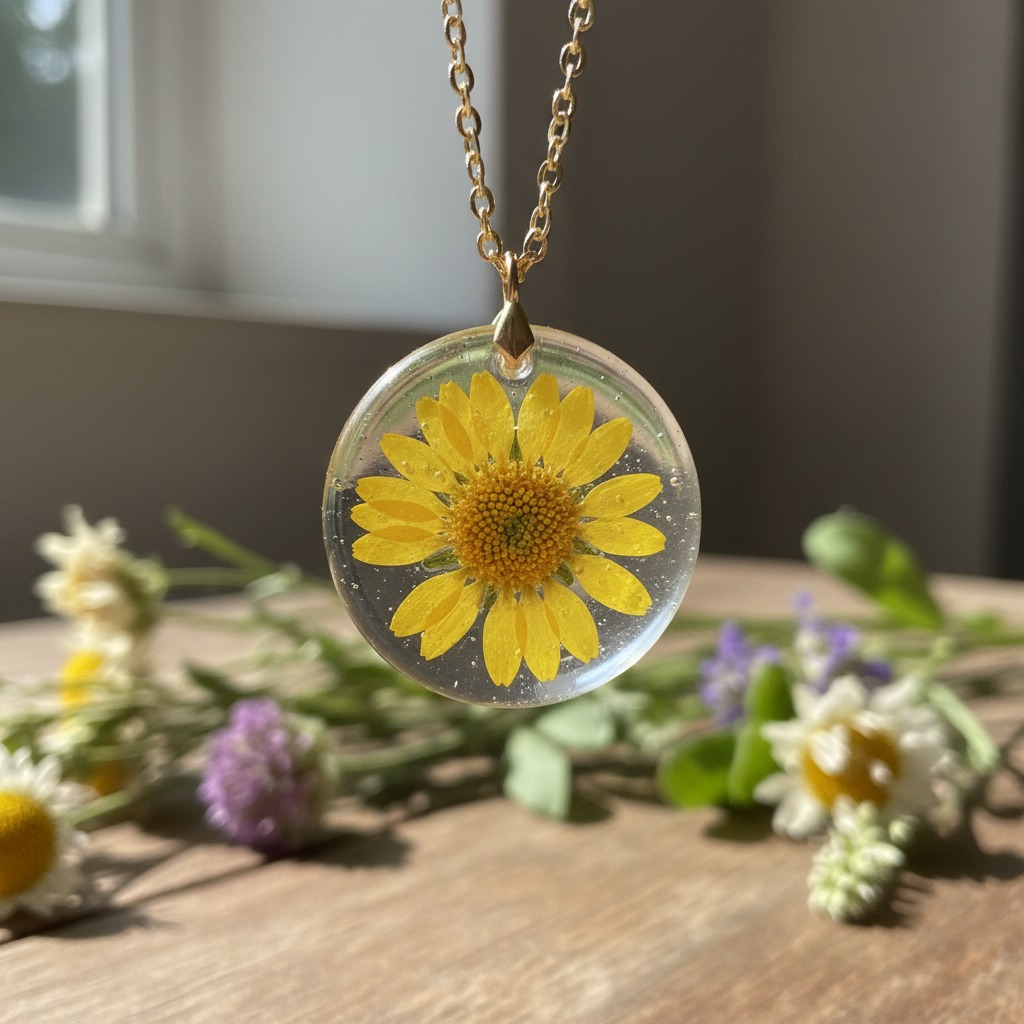 Um colar com pingente redondo de resina transparente contendo uma margarida amarela, pendurado em uma corrente dourada sobre uma mesa de madeira com flores ao fundo.