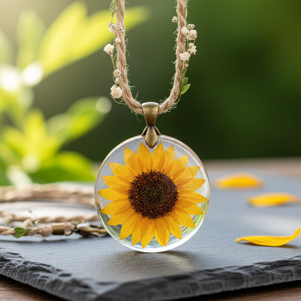 Um colar com um pingente redondo de resina transparente contendo um pequeno girassol, suspenso por um cordão de juta decorado com pequenas flores brancas.