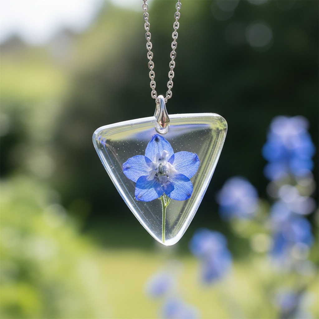 Colar com um pingente triangular de resina transparente contendo uma flor azul encapsulada, suspenso por uma corrente prateada contra um fundo verde desfocado.