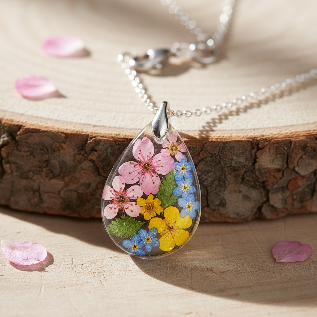 Colar com pingente em formato de gota contendo flores e folhas coloridas preservadas dentro de resina, apoiado sobre uma fatia de tronco de madeira.